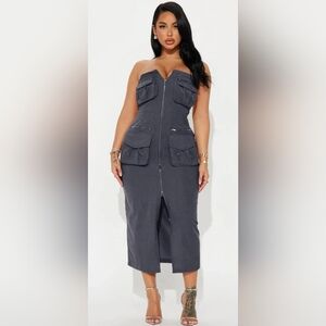 NWT Fashion Nova “Keep It Real” Cargo Maxi Dress – Charcoal, Size 2X